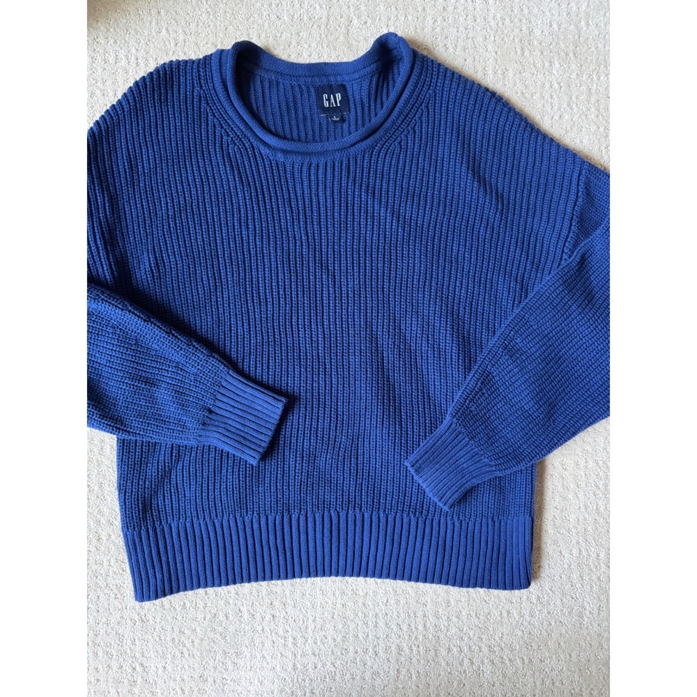 Gap Sweater Large Blue 100% Cotton Ribbed Shaker Knit Minimalist Coastal Luxury